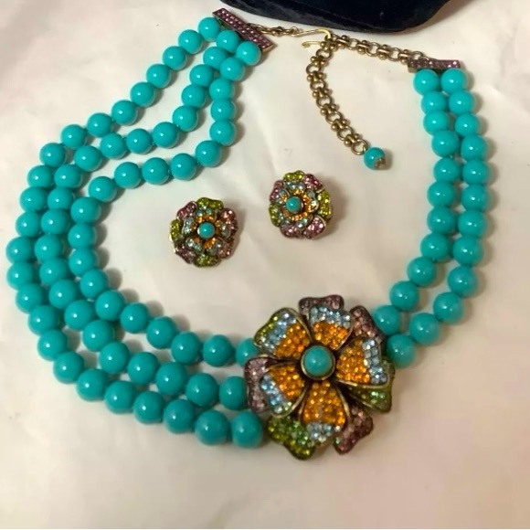 Heidi Daus Jewelry - Heidi Daus Multi Swarovski Flower Imi Turquoise Necklace & Clip on Earrings